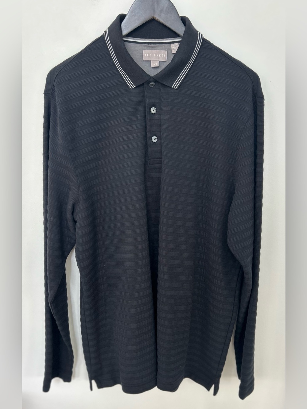 Ted Baker London Black Textured Long Sleeve Polo | Men’s Large